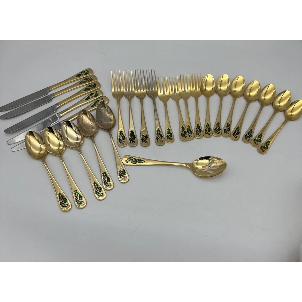 Christmas Flatware Holly Berry Gold  26 pc Classic Traditions Vintage Japan
